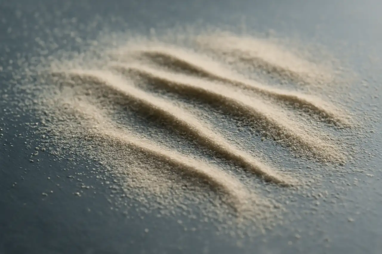 Feiner Sand auf einer dunklen Platte im Streiflicht